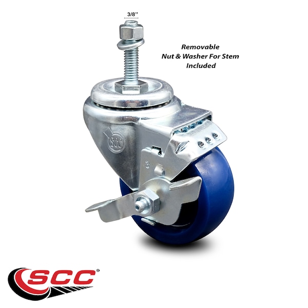 3 Inch Solid Polyurethane Wheel Swivel 3/8 Inch Threaded Stem Caster with Brake